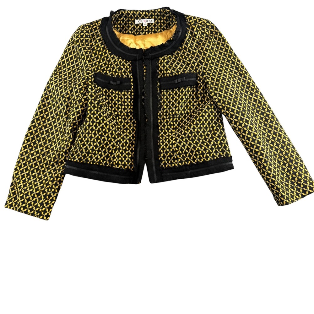 Joy Joy Womens Yellow Black Geometric Cropped Open Front Jacket Size M Bows